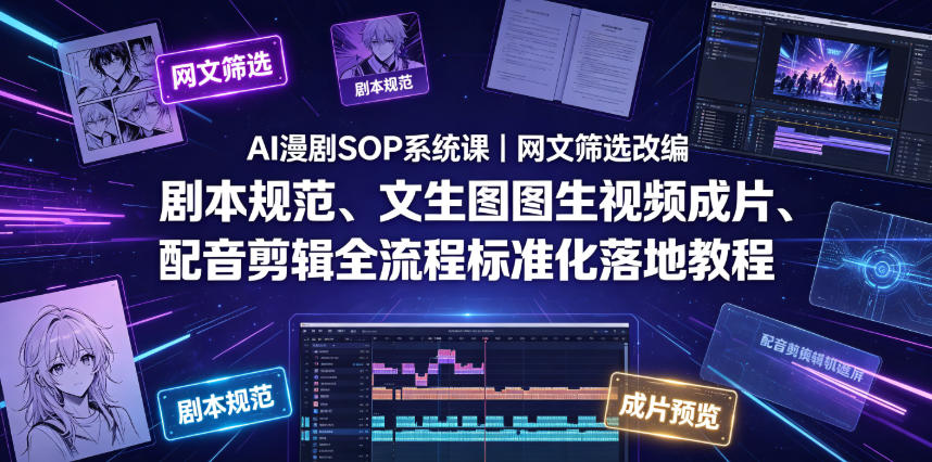 AI漫剧SOP系统课｜网文筛选改编、剧本规范、文生图图生视频成片、配音剪辑全流程标准化落地教程-Ai创业网