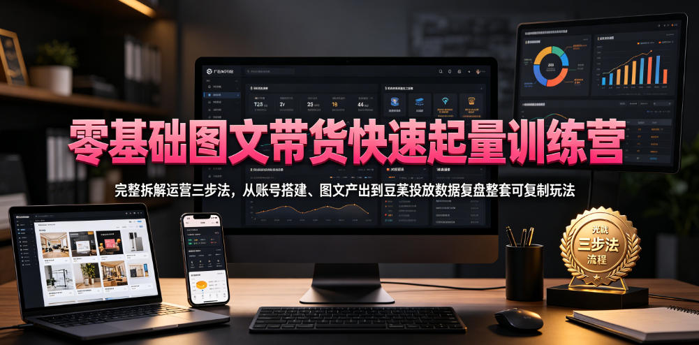 零基础图文带货快速起量训练营，完整拆解运营三步法，从账号搭建、图文产出到豆荚投放数据复盘整套可复制玩法-Ai创业网