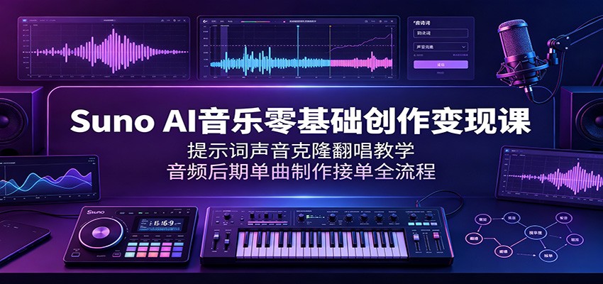Suno AI音乐零基础创作变现课：提示词声音克隆翻唱教学，音频后期单曲制作接单全流程-Ai创业网