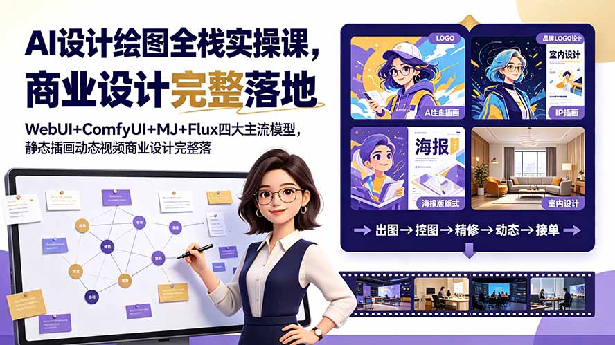 AI设计绘图全栈实操课，WebUI+ComfyUI+MJ+Flux四大主流模型，静态插画动态视频商业设计完整落地教程-Ai创业网