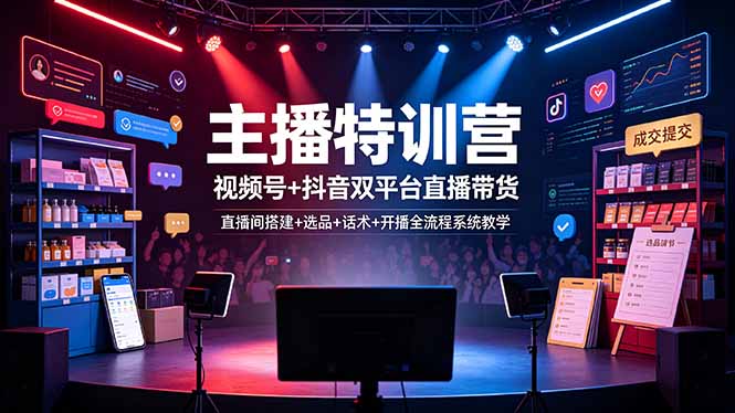 主播特训营：视频号+抖音双平台直播带货，直播间搭建+选品+话术+开播全流程系统教学-Ai创业网