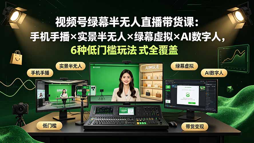 视频号绿幕半无人直播带货课：手机手播×实景半无人×绿幕虚拟×AI数字人，6种低门槛玩法全覆盖-Ai创业网