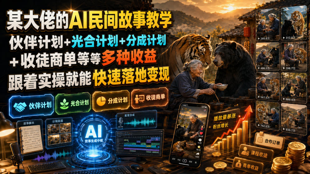 某大佬的AI民间故事教学，伙伴计划+光合计划+分成计划+收徒商单等多种收益，跟着实操就能快速落地变现-Ai创业网