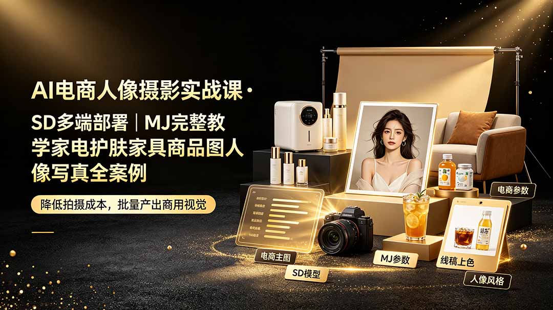 AI电商人像摄影实战课·SD多端部署｜MJ完整教学｜家电护肤家具商品图人像写真全案例-Ai创业网