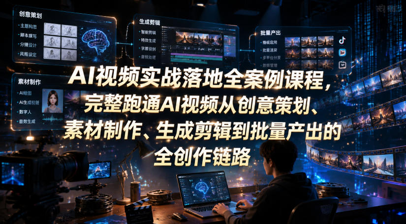 AI视频实战落地全案例课程，完整跑通AI视频从创意策划、素材制作、生成剪辑到批量产出的全创作链路-Ai创业网
