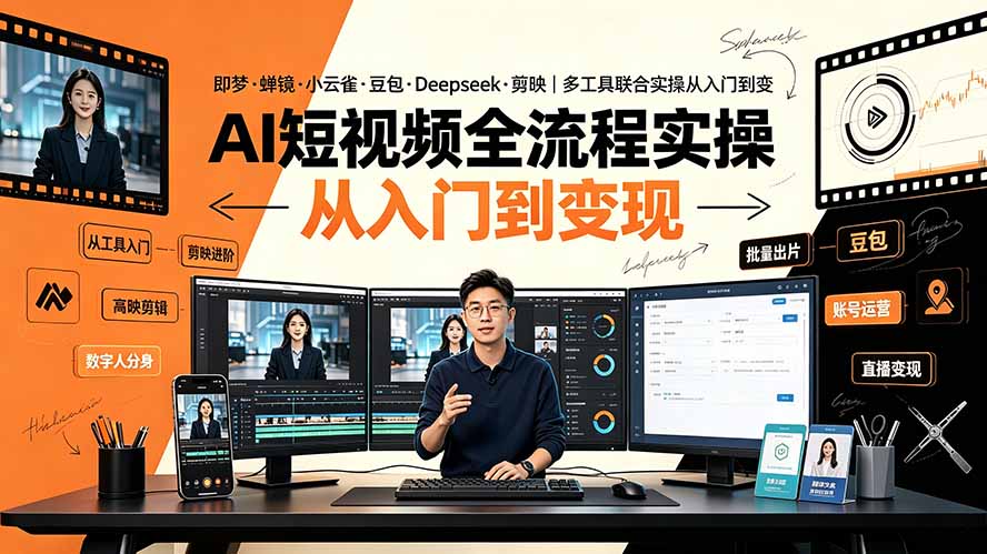 AI短视频全流程实操：即梦·蝉镜·小云雀·豆包·Deepseek·剪映｜多工具联合实操从入门到变现-Ai创业网