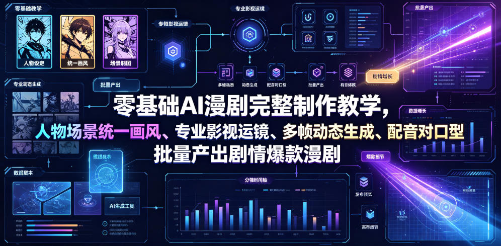 零基础AI漫剧完整制作教学，人物场景统一画风、专业影视运镜、多帧动态生成、配音对口型，批量产出剧情爆款漫剧-Ai创业网