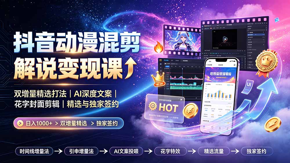 抖音动漫混剪解说变现课：双增量精选打法｜AI深度文案｜花字封面剪辑｜ 精选与独家签约日入1000+-Ai创业网
