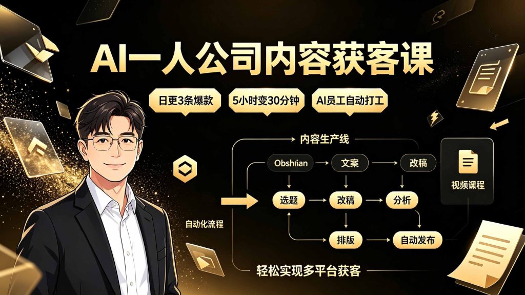 AI一人公司内容获客课：日更3条爆款×5小时变30分钟×AI员工自动打工，轻松实现多平台获客-Ai创业网