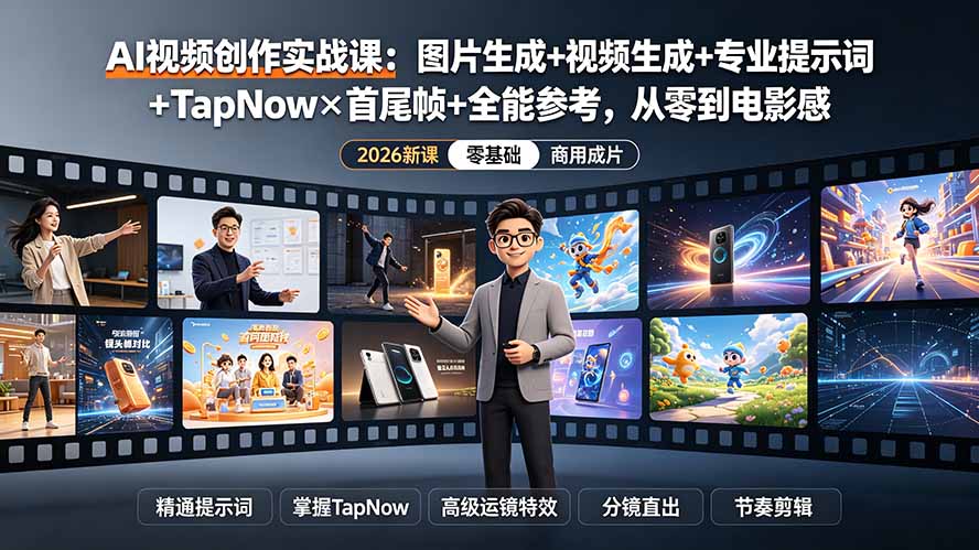 AI视频创作实战课：图片生成+视频生成+专业提示词+TapNow×首尾帧+全能参考，从零到电影感成片-Ai创业网