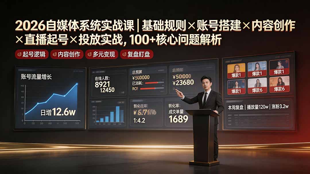 2026自媒体系统实战课｜基础规则×账号搭建×内容创作×直播起号×投放实战，100+核心问题解析-Ai创业网