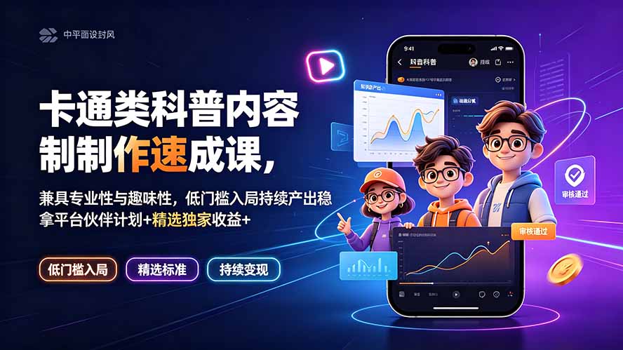 卡通类科普内容制作速成课，兼具专业性与趣味性，低门槛入局持续产出稳拿平台伙伴计划+精选独家收益-Ai创业网