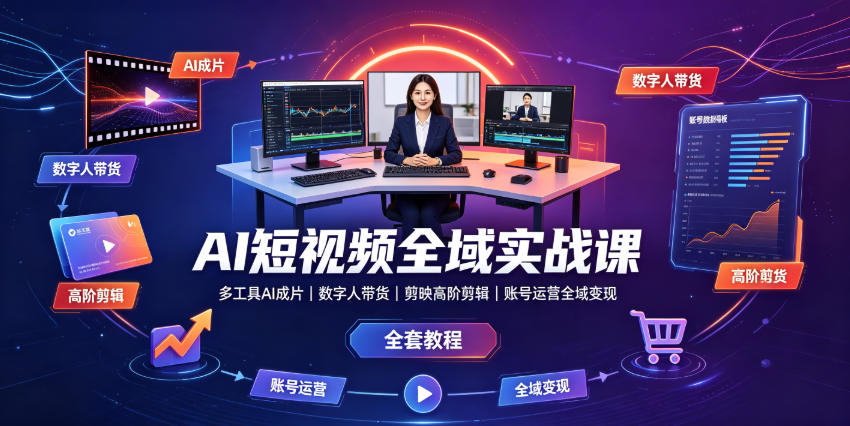 AI短视频全域实战课｜多工具AI成片、数字人带货、剪映高阶剪辑、账号运营全域变现全套教程-Ai创业网