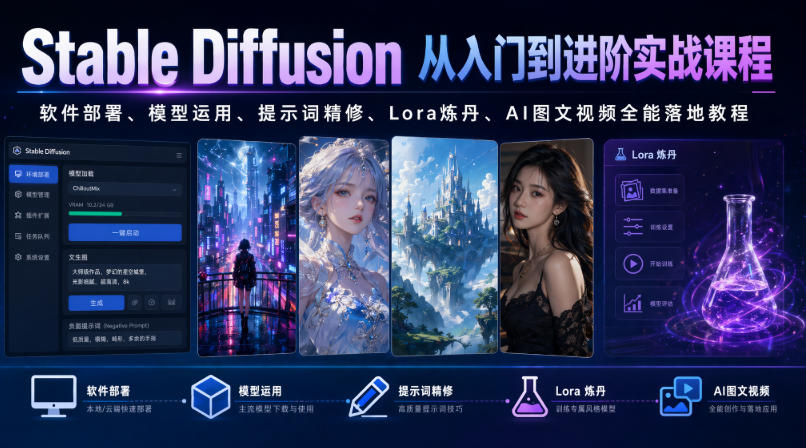 Stable Diffusion从入门到进阶实战课程｜软件部署、模型运用、提示词精修、Lora炼丹、AI图文视频全能落地教程-Ai创业网