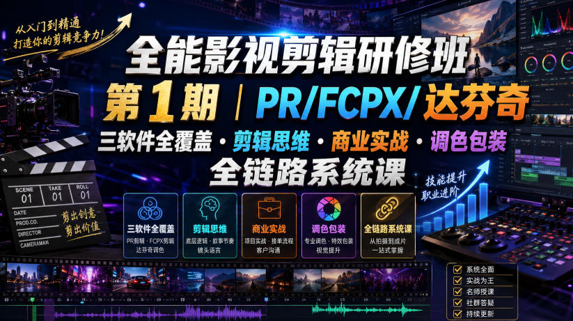 全能影视剪辑研修班第1期|PR/FCPX/达芬奇三软件全覆盖・剪辑思维・商业实战・调色包装全链路系统课-Ai创业网