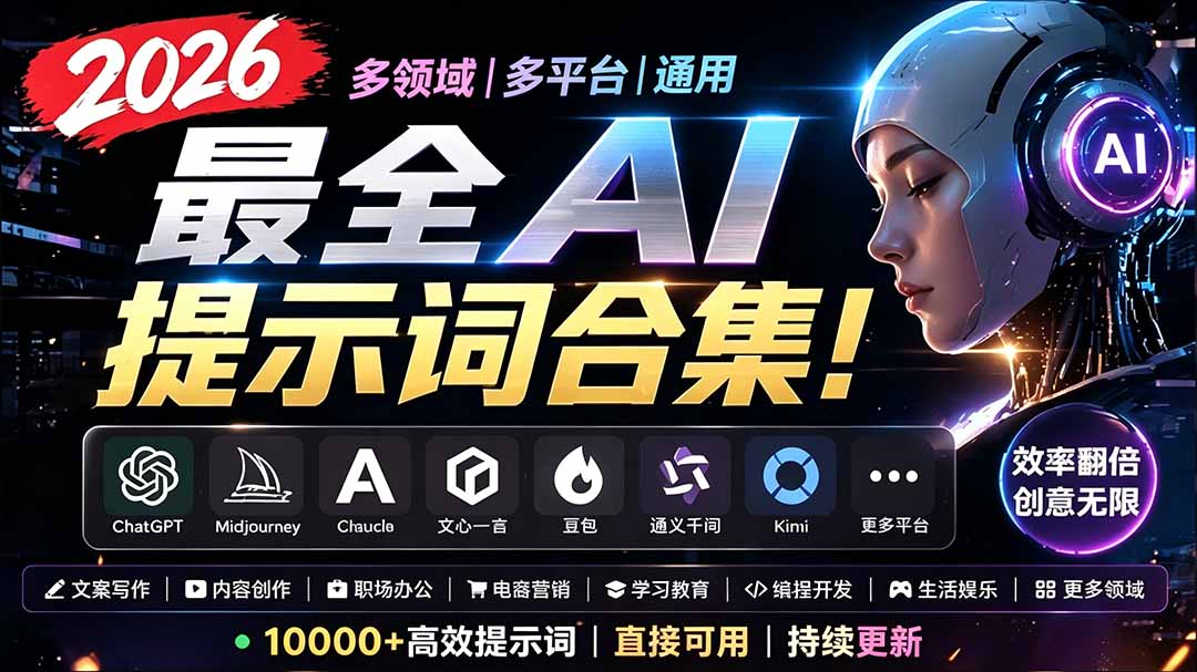 2026最全AI提示词合集！多领域多平台通用，涵盖AI绘画、电商主图、爆款文案，脚本创作等-Ai创业网