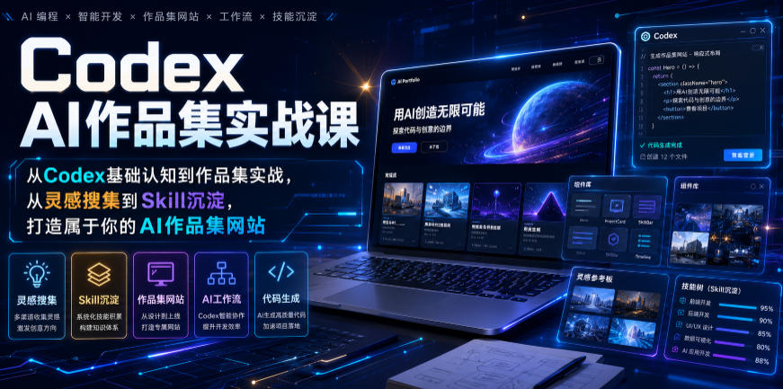 Codex AI作品集实战课，从Codex基础认知到作品集实战，从灵感搜集到Skill沉淀，打造属于你的AI作品集网站-Ai创业网