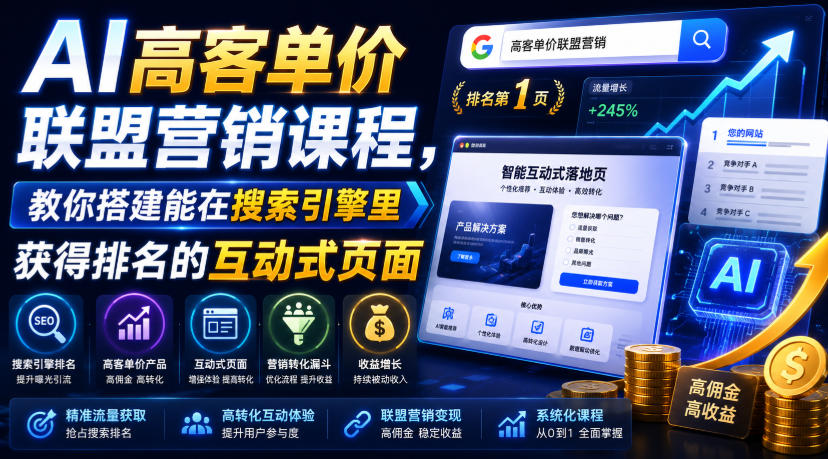 AI高客单价联盟营销课程，教你搭建能在搜索引擎里获得排名的互动式页面，引来流量，把访客转化为高佣金的成交【原创双语字幕】-Ai创业网