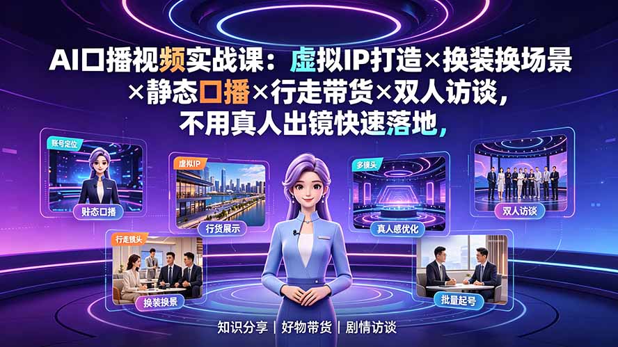 AI口播视频实战课：虚拟IP打造×换装换场景×静态口播×行走带货×双人访谈，不用真人出镜快速落地-Ai创业网