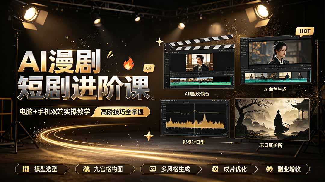 AI漫剧短剧进阶课｜电脑+手机双端实操教学｜影视剧对口型人物吃瓜×解压末日庇护所全程讲解，高阶技巧全掌握-Ai创业网