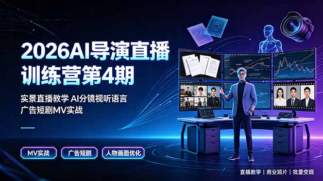 2026AI导演直播训练营第4期，实景直播教学AI分镜视听语言，广告短剧MV实战，解决人物画面崩坏痛点-Ai创业网