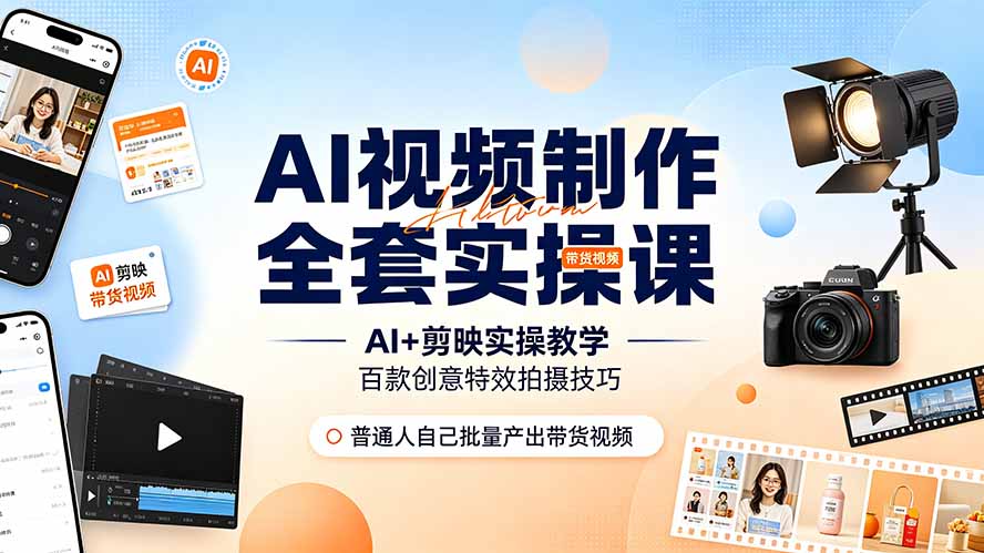 AI视频制作全套实操课，多款AI工具搭配剪映教学，百种特效运镜拍摄实操，抖音账号带货运营全覆盖-Ai创业网