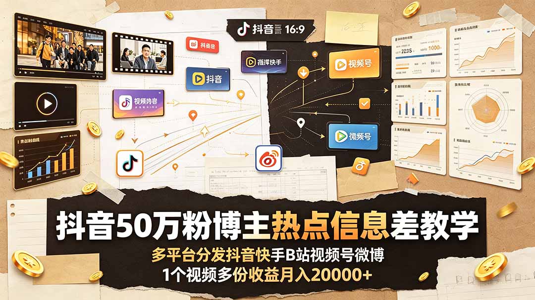 抖音50万粉博主热点信息差教学：多平台分发抖音快手B站视频号微博，1个视频多份收益月入20000+-Ai创业网