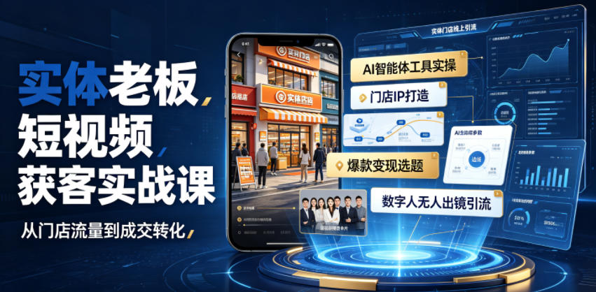 实体老板短视频获客实战课｜AI智能体工具全套实操、门店IP打造、爆款变现选题、数字人无人出镜引流完整教程-Ai创业网