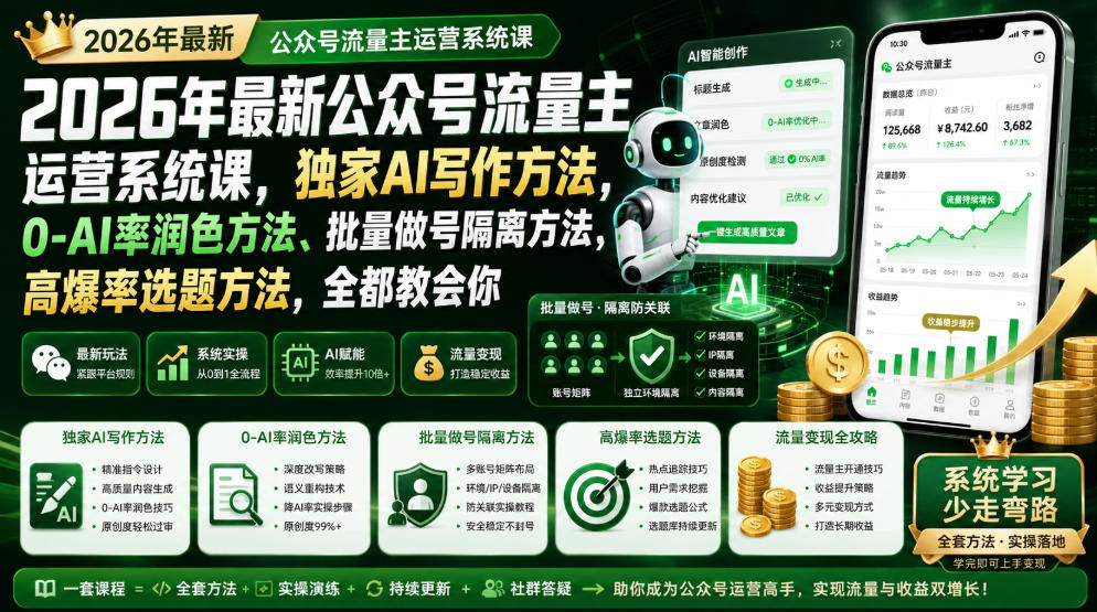 2026年最新公众号流量主运营系统课，独家AI写作方法，0-AI率润色方法、批量做号隔离方法、高爆率选题方法，全都教会你-Ai创业网