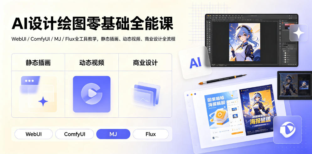 AI设计绘图零基础全能课｜WebUI/ComfyUI/MJ/Flux全工具教学，静态插画、动态视频、商业设计全流程-Ai创业网