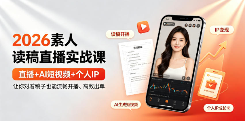 2026素人读稿直播实战课｜直播+AI短视频+个人IP，让你对着稿子也能流畅开播、高效出单-Ai创业网