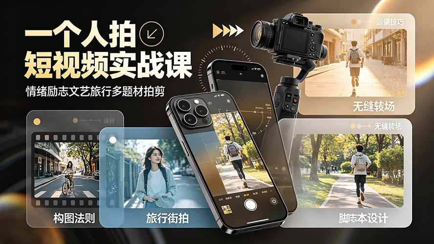 一个人拍短视频实战课：情绪励志文艺旅行多题材×五大景别×黄金构图×八大运镜，从拍摄到成片高效创作-Ai创业网