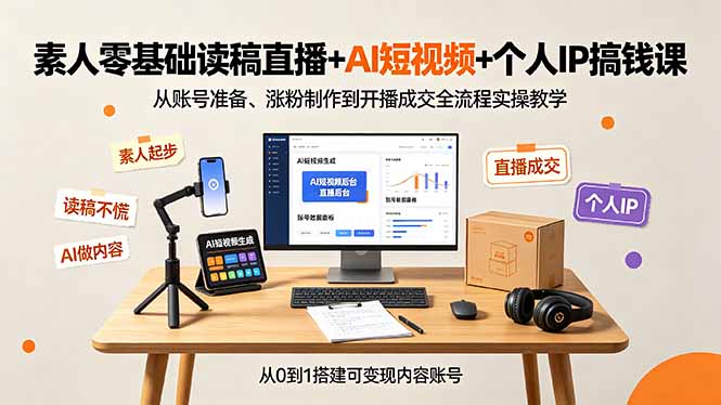 素人零基础读稿直播+AI短视频+个人IP搞钱课，从账号准备、涨粉制作到开播成交全流程实操教学-Ai创业网