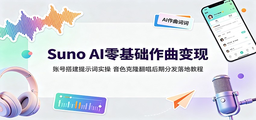 Suno AI零基础作曲变现：账号搭建提示词实操，音色克隆翻唱后期分发落地教程-Ai创业网