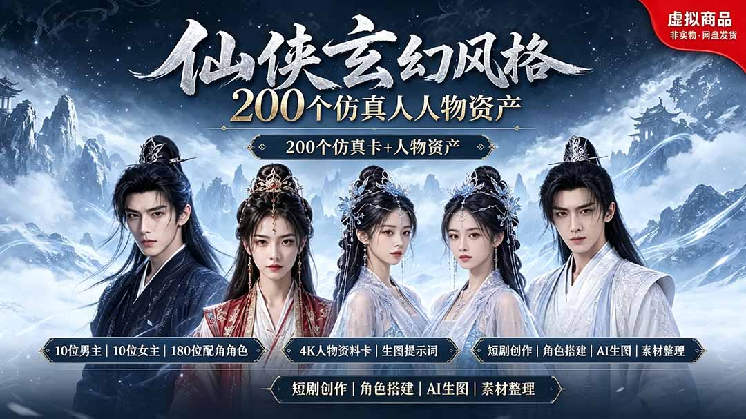 200个仙侠玄幻仿真人素材◆10男主×10女主×180配角，4K资料卡+AI生图提示词，漫剧必备-Ai创业网