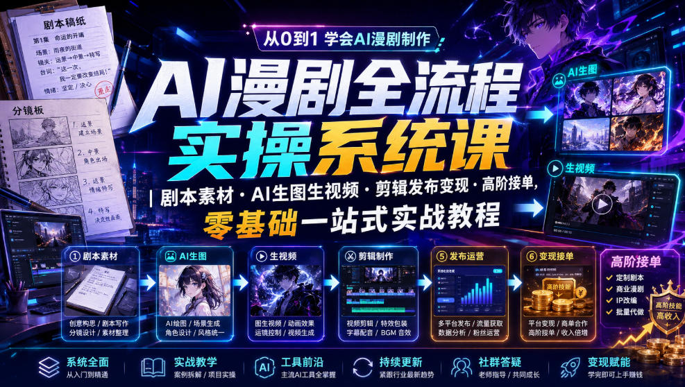AI漫剧全流程实操系统课|剧本素材・AI生图生视频・剪辑发布变现・高阶接单,零基础一站式实战教程-Ai创业网