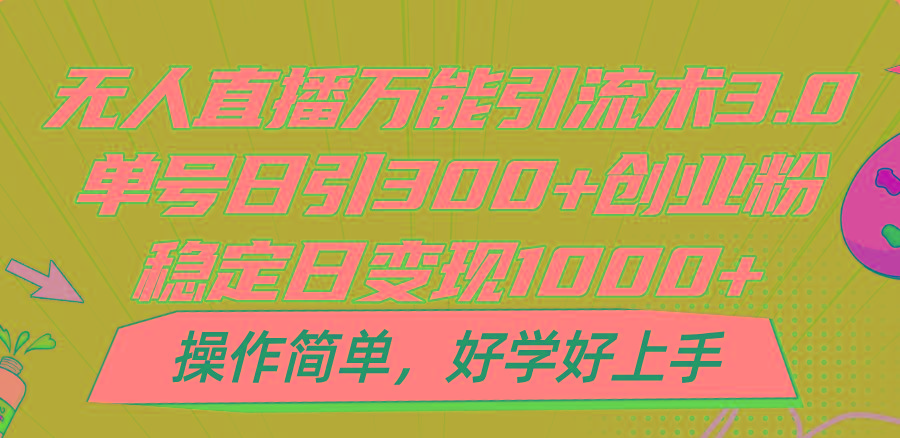 无人直播万能引流术3.0，单号日引300+创业粉，稳定日变现1000+，操作简单-Ai创业网