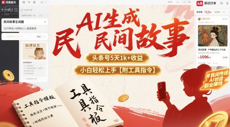 AI生成民间故事，头条号5天1k+，小白轻松上手【附工具指令】-Ai创业网