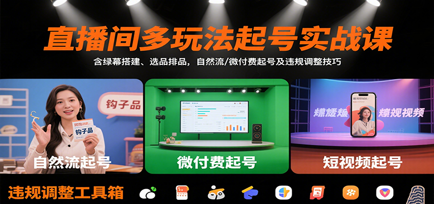直播间多玩法起号实战课：含绿幕搭建、选品排品，自然流/微付费起号及违规调整技巧-Ai创业网