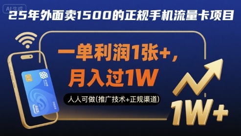 25年外面卖1500的正规手机流量卡项目，一单利润1张+，月入过1W，人人可做(推广技术+正规渠道)【揭秘】-Ai创业网
