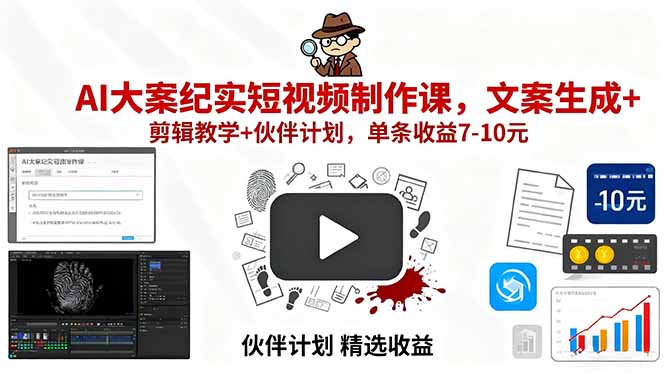 AI大案纪实短视频制作课，文案生成+剪辑教学+伙伴计划，单条收益7-10元-Ai创业网