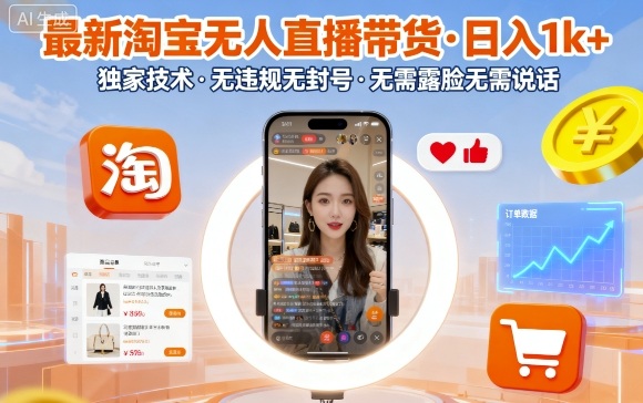 最新淘宝无人直播带货，日入1k+，独家技术，无违规无封号，无需露脸无需说话【揭秘】-Ai创业网