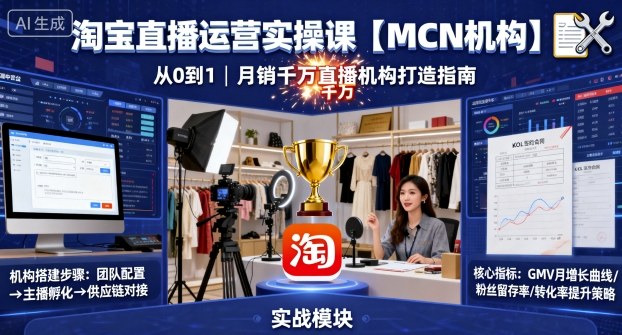 淘宝直播运营实操课【MCN机构】，从0到1做一家月销千W的直播机构-Ai创业网