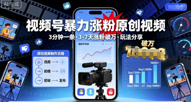 视频号暴力涨粉原创视频，3分钟一条原创视频，3-7天涨粉破万，玩法分享给你-Ai创业网