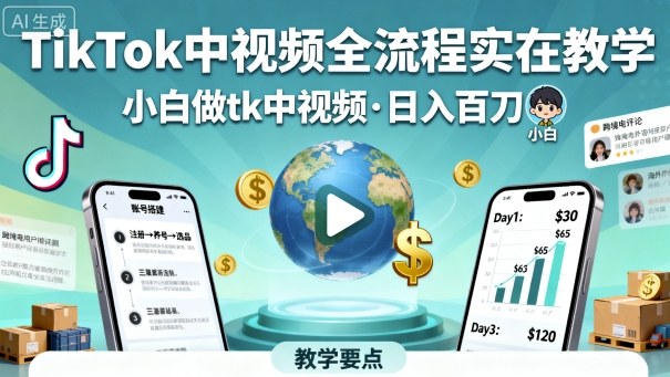 TikTok中视频全流程实操教学，小白做tk中视频，日入百刀-Ai创业网