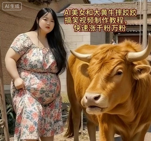 AI美女和大黄牛摔跤搞笑荒诞视频制作教程，快速涨千粉万粉-Ai创业网