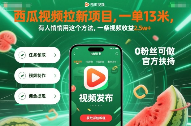 西瓜视频拉新项目，一单13米，有人悄悄用这个方法，一条视频收益2.5w+(附详细教程)-Ai创业网