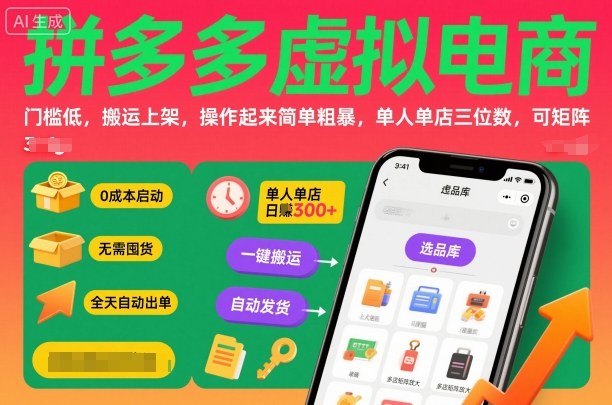 拼多多虚拟电商，门槛低，搬运上架，操作起来简单粗暴，单人单店三位数，可矩阵-Ai创业网