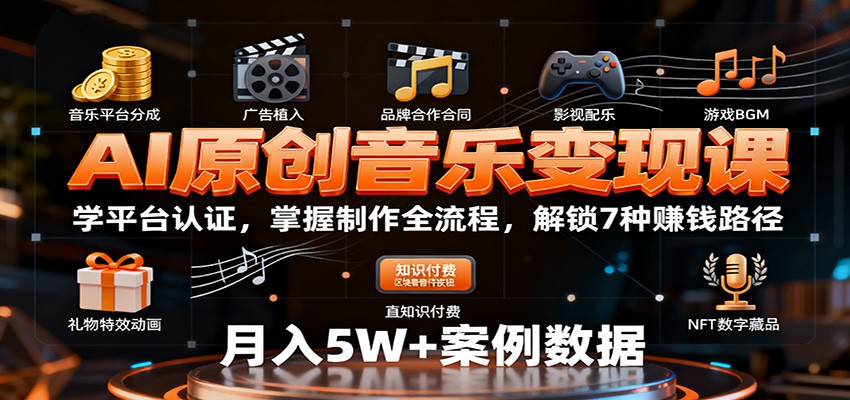 AI原创音乐变现课：学平台认证，掌握制作全流程，解锁7种赚钱路径-Ai创业网