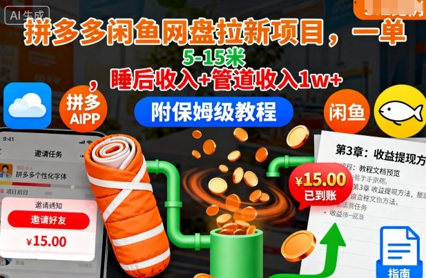 拼多多闲鱼网盘拉新项目，一单5-15米，睡后收入+管道收入1w+(附保姆级教程)-Ai创业网